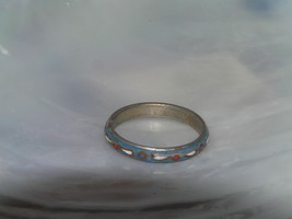 Antique Thin Blue Enamel with Dainty White &amp; Red Accents Metal Band Ring Size  - £9.77 GBP
