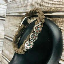 Braided Brown Leather Cord Floral Rhinestone Silver Button Clasp Bracelet  - $29.99
