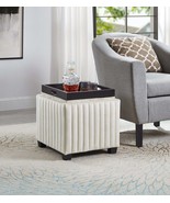 Contemporary 18&quot; Beige Velvet Storage Ottoman Bench w/Coffee Table Tray - €111,50 EUR