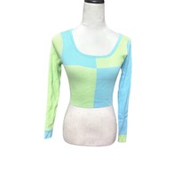 Shein Womans Crop Top Blue/Green Color Block Long Sleeve S Ribbed - £10.30 GBP