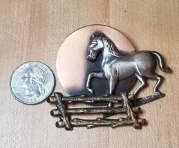 Vintage Horse Moon Fence Pin Brooch Signed K&amp;T Copper Brass &amp; Silver Tone 2.25in - £11.59 GBP