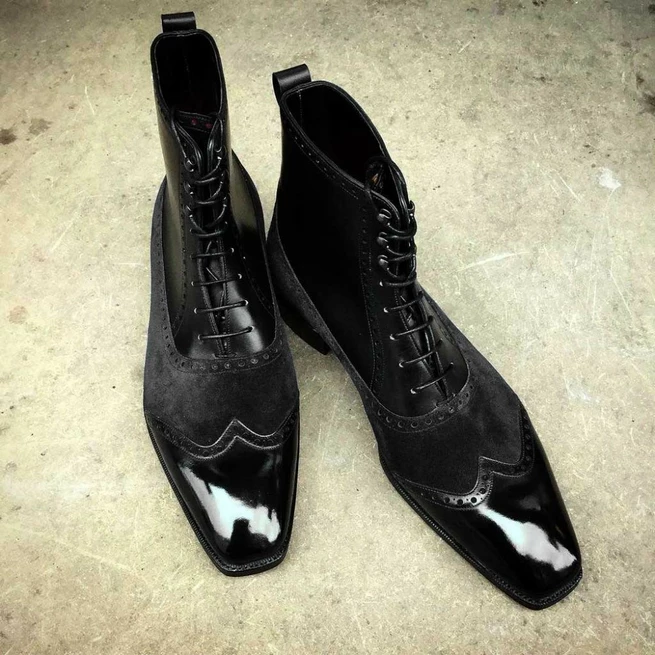 Handmade Black Leather &amp; Suede Wing Tip Brogue Formal Lace Up Ankle Boot... - $149.99+