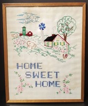 Home Sweet Home Cross Stitch Embroidered Framed Sampler Country Farm 21x17&quot; 70s - £38.65 GBP