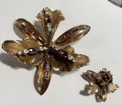 Vtg Coro Craft Katz Gold Tone Bearded Iris Orchid Rhinestone Brooch And Pin - £57.09 GBP