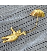Clown Brooch Lapel Pin with Chain JJ Jonette Gold Tone Holding Umbrella ... - $26.63 CAD