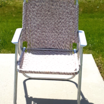 VTG Folding Macrame Lawn Chair Pink White Red Aluminum Frame Camp Pool P... - $43.90