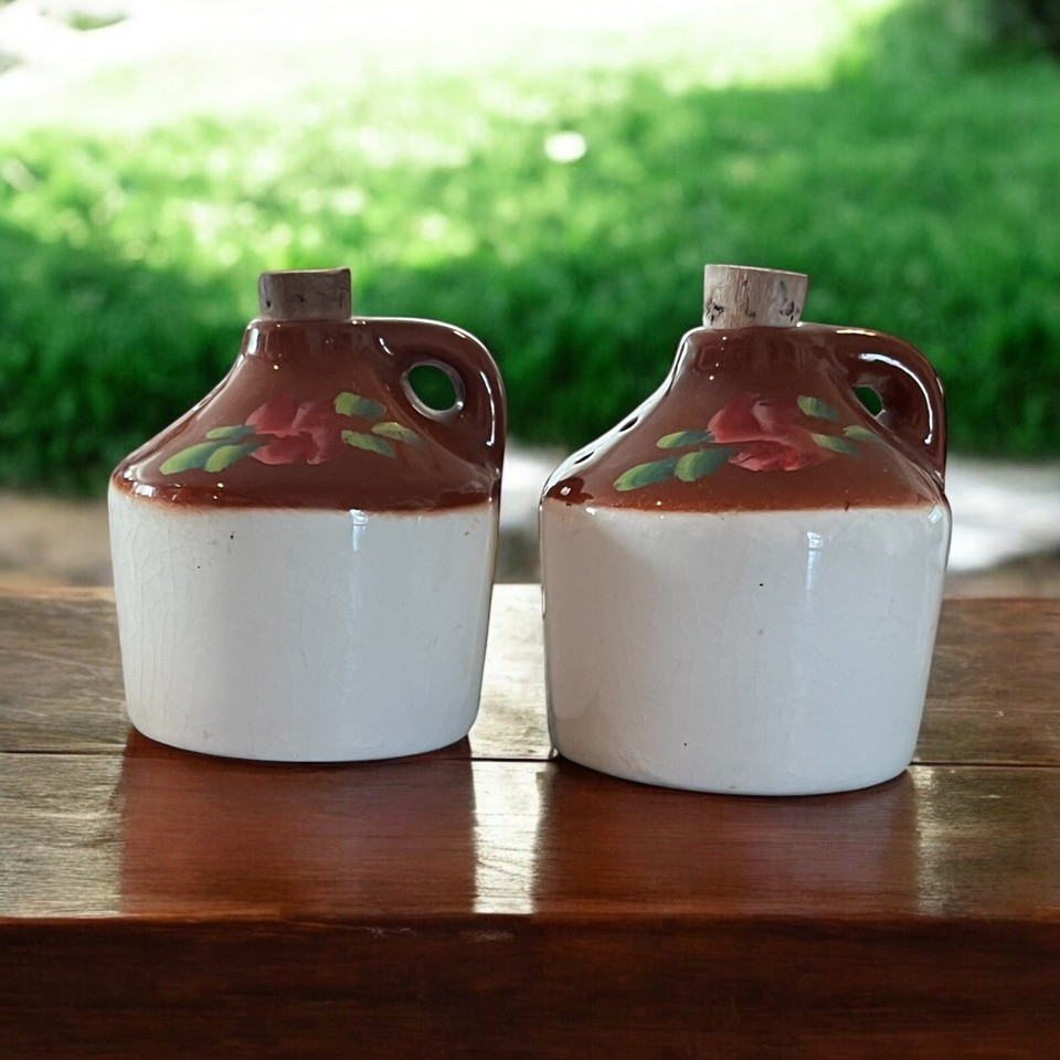 Vtg Little Brown Whiskey Moonshine Jugs Crocks Salt and Pepper Shakers 2.5&quot; - $16.99