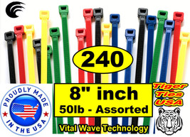 240 ASSORTED 8&quot; inch Wire Cable Ties Nylon Tie Wraps 50lb USA Made Tiger Ties - £21.58 GBP