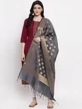 Womens Grey &amp; Gold Toned Woven Design Banarsi Silk Dupatta Shipping Free - £11.43 GBP