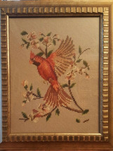 Framed, behind glass Needlepoint Red Bird Cardinal on Dogwood Branch 18&quot;x15&quot; FS - £71.53 GBP