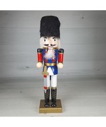 Wood Nutcracker Solider 14&quot; Figure w/ Sword &amp; Black Faux Fur Tall Hat - $19.39