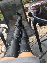 Rivet Over Knee Boots Thin High Heel Black Leather Pointed Toe Stiletto Heel Win - £184.35 GBP