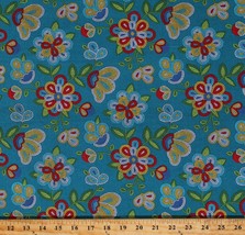 Cotton Southwest Flowers Beadwork Tucson Turquoise Fabric Print by Yard D464.53 - £9.39 GBP