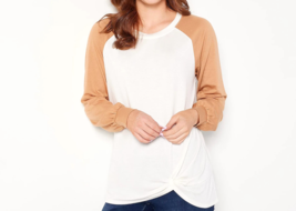 Belle -Kim Gravel Luxe French Terry Contrast Balloon Sleeve- Cream / Camel, M - £18.04 GBP