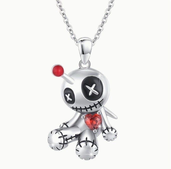 Voodoo Doll Necklace Red Garnet Heart Silver Plated 18” Chain Item image 6