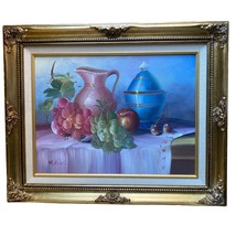 Still Life Grapes Fruit Oil Painting Signed M Austin Framed 21 x 17  Matted Vtg - $37.79