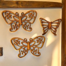 Faux Rattan Wood MCM Butterfly Wall Hangings Vtg Set/3 Dart Ind Homco 70&#39;s Decor - £15.49 GBP