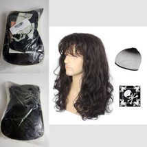 80s Male Punk Rock Heavy Metal Wig Long Curly Brown Hair &amp; Skull Bandana Cosplay - £11.90 GBP