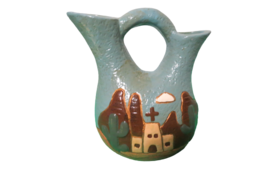 Vintage 70s Clay Vase Southwest Theme Freestanding Or Wall Hanging 7&quot; Tall - £15.27 GBP