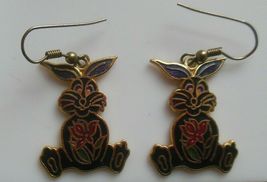 Vintage Cloisonné Enamel Bunny Rabbit Holding Flower Hook Earrings - $13.85