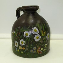 Antique Stoneware Jug Hand Painted Flowers Primitive Garden Daisies Butterflies - £17.15 GBP