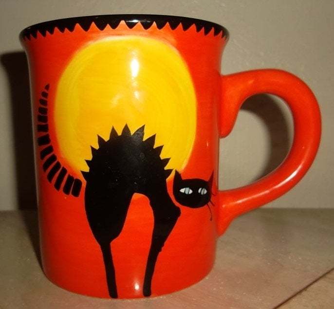 Hausenware Hand Painted & Designed Orange Color Black Cat Designed Extra Large C Item image 3