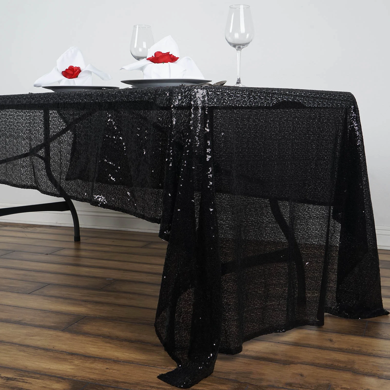 Black - 60&quot;x126&quot; Rectangle Tablecloth LUXURY COLLECTION Duchess Sequin - £39.52 GBP