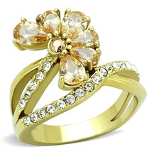 Delicate Pear Cut Champagne CZ Floral Cross Design Gold Plated Wedding Ring Sz 6 - £38.55 GBP