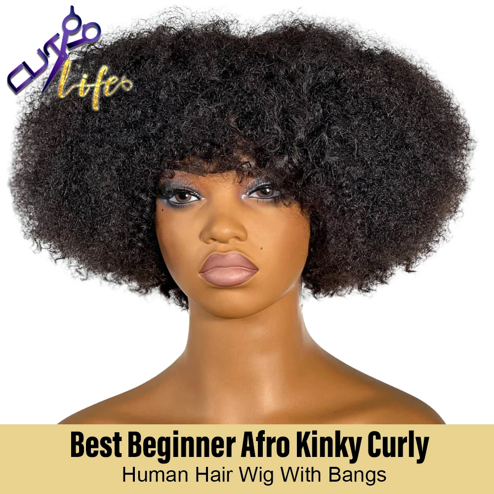 Afro Curly Human Hair Wigs For Black Women Full Machine Wig Short Kinky Curly - £53.49 GBP+