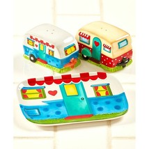 Happy Camper Retro Salt &amp; Pepper Set on Tray Camping Trailer Floral Ceramic NEW - £20.79 GBP