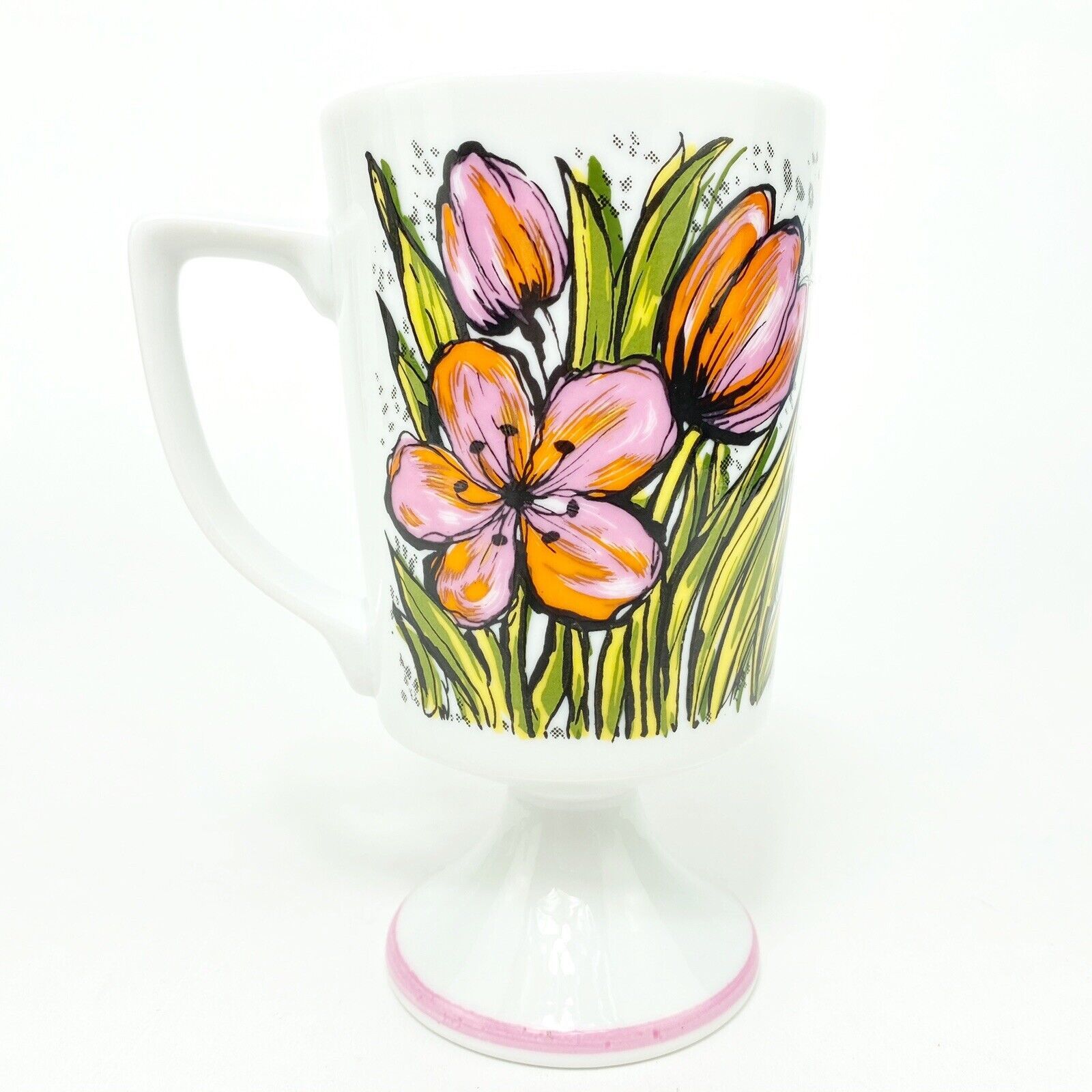 Primary image for Vintage Coffee Mug Footed w/ Spring Floral Decoration Pink & Orange Tulips