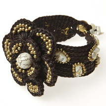 Tribal Chic White Turquoise and Brass Bead Cotton Rope Floral Bracelet - £10.71 GBP