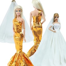 Gold Color Fishtail White Wedding Gown Veil Evening Party Dress For Barbie Doll - £16.06 GBP