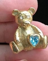 TEDDY BEAR holding Blue Stone HEART Gold-Tone Brooch Pin - signed 1928 - $15.00