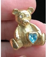 TEDDY BEAR holding Blue Stone HEART Gold-Tone Brooch Pin - signed 1928 - £11.96 GBP