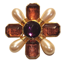 Maltese Cross Brooch Pin Pendant Rhinestone Faux Pearl Avon 2 1/2 Inches 1980's - $34.95