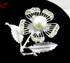 Nocturne Pin Flower Brooch Vintage Sarah Coventry Faux Pearl Rhinestones Silvery - £14.78 GBP