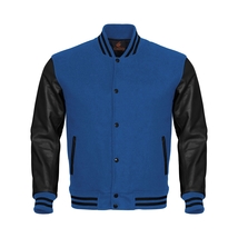 Letterman Varsity Bomber Baseball Jacket Blue Body &amp; Black Leather Sleeves - £88.50 GBP