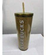 Rare! STARBUCKS Christmas Holiday Gold Metallic Quilt 24oz Venti Cold Cup - $15.83