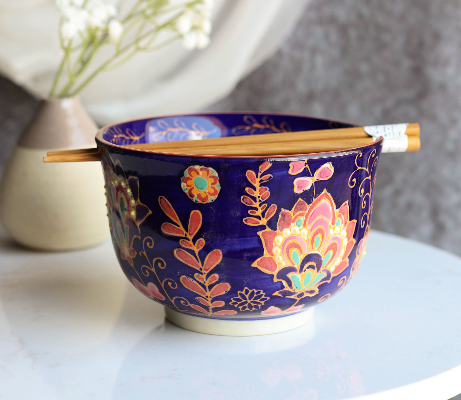 Mandala Floral Blossoms Purple Ramen Noodles Soup Large 6&quot;D Bowl W/ Chop... - $23.99