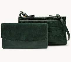 Fossil Sage Green Leather Suede Crossbody SLG1322366 NWT Alligator Double-Zip - £38.78 GBP