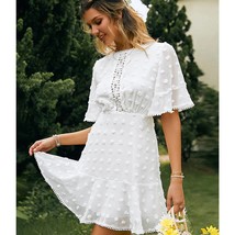 Women O-neck Flare Sleeves Tassel White Mini Dress Summer Women Hollow Out Embor - £50.36 GBP