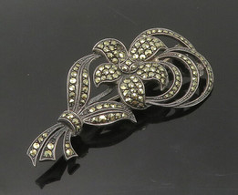 EHA GERMANY 925 Silver - Vintage Marcasite Flower Motif Brooch Pin - BP6941 - £54.29 GBP