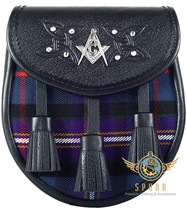 Premium - Black Leather - Masonic Tartan KILT SPORRAN &amp; Chain Strap  - £46.99 GBP