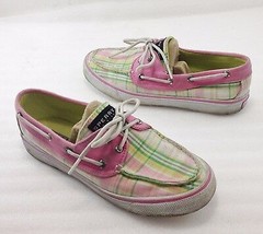 Sperry Top-Sider 6.5 M Pink Green Plaid Boat Deck Shoes 9755802 Preppy - $25.97