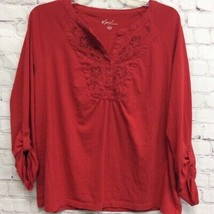 Kim Rogers Womens Popover Top Red Long Sleeve Roll Tab V Neck Embroidered L - £14.79 GBP