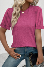 Bright Pink Ribbed Splicing Sleeve Round Neck T-shirt - $9.28