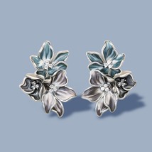 Classic Women&#39;s 925 Silver Earrings Elegant Flower Shape Earrings Handmade Ename - £10.50 GBP
