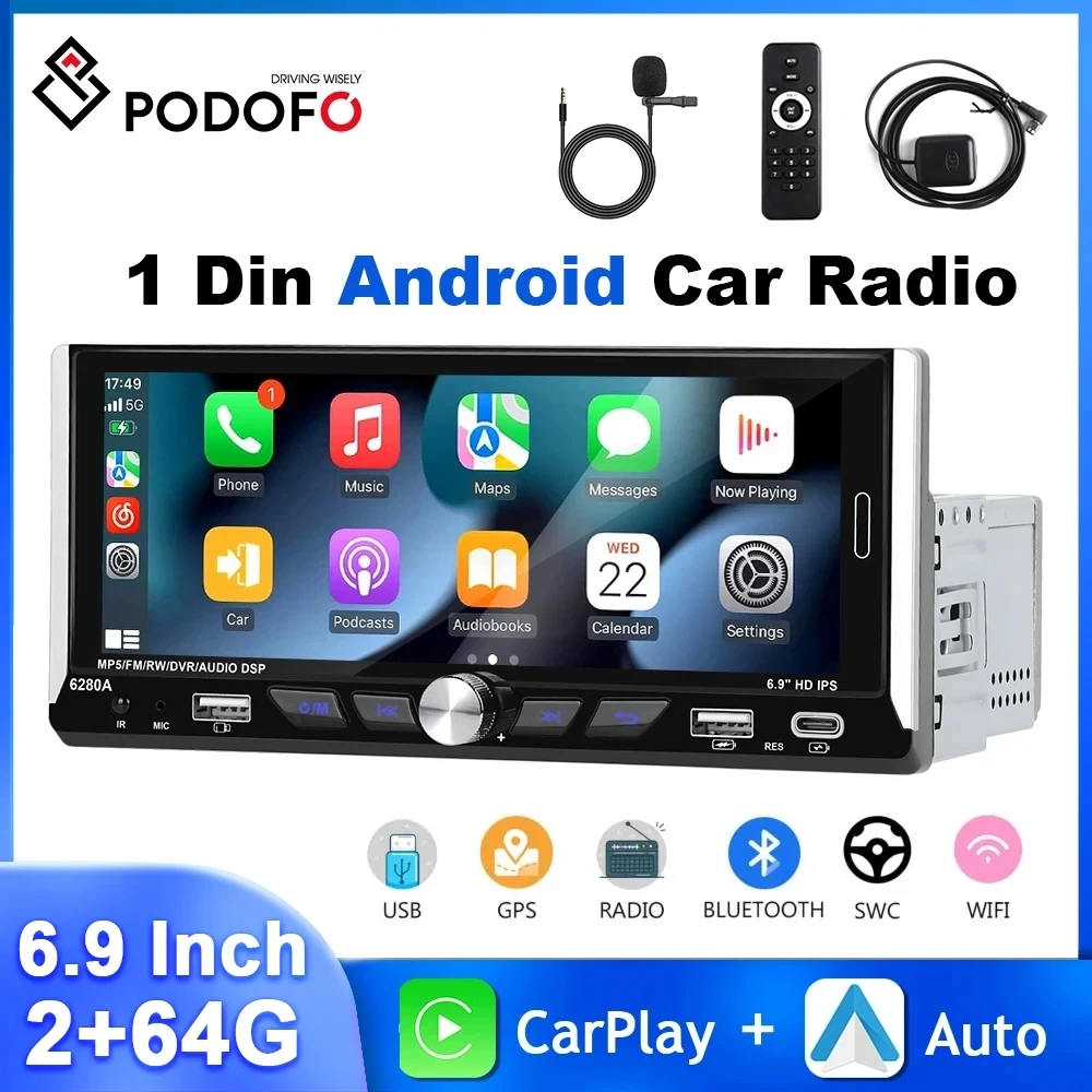 Podofo 1Din Android Car Radio 2+64G Multimedia Player 6.9&#39;&#39; Carplay Android Auto - £66.96 GBP+