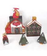 Primitive Painted Wooden xmas Village House Santa Store Tree Set of 7 Fi... - $27.67